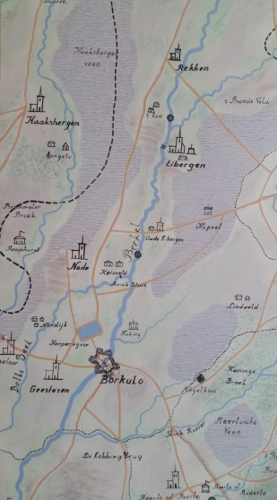 A section of an historic hand-made map showing the course of the Berkel River from Rekken to Eibergen to Borculo and beyond – the surrounding swamps (in purple tint) have since been drained for farmland